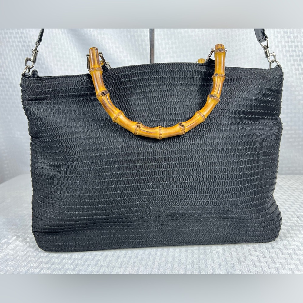 Gucci Bamboo Handle Shoulder Tote Black Woven Nylon Vintage
